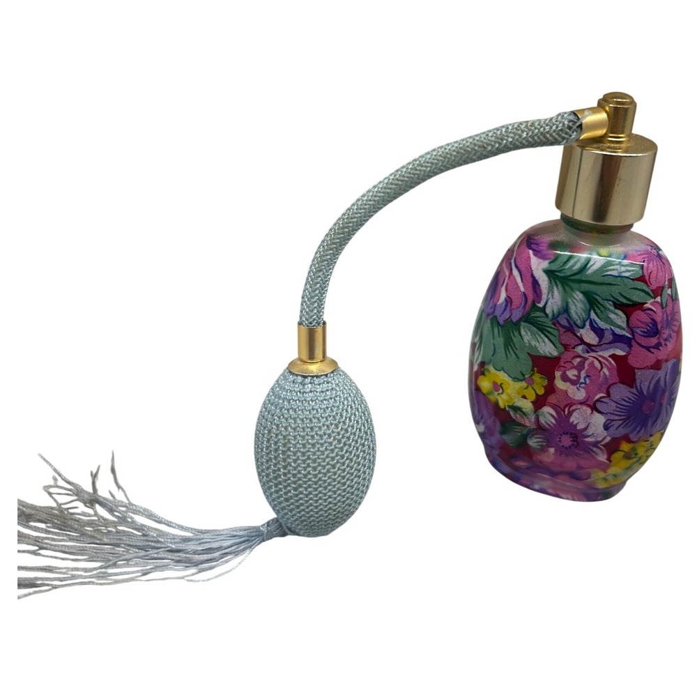 Vintage Floral Glass Perfume Atomizer Bottle with Blue Bulb Pump and Tassel